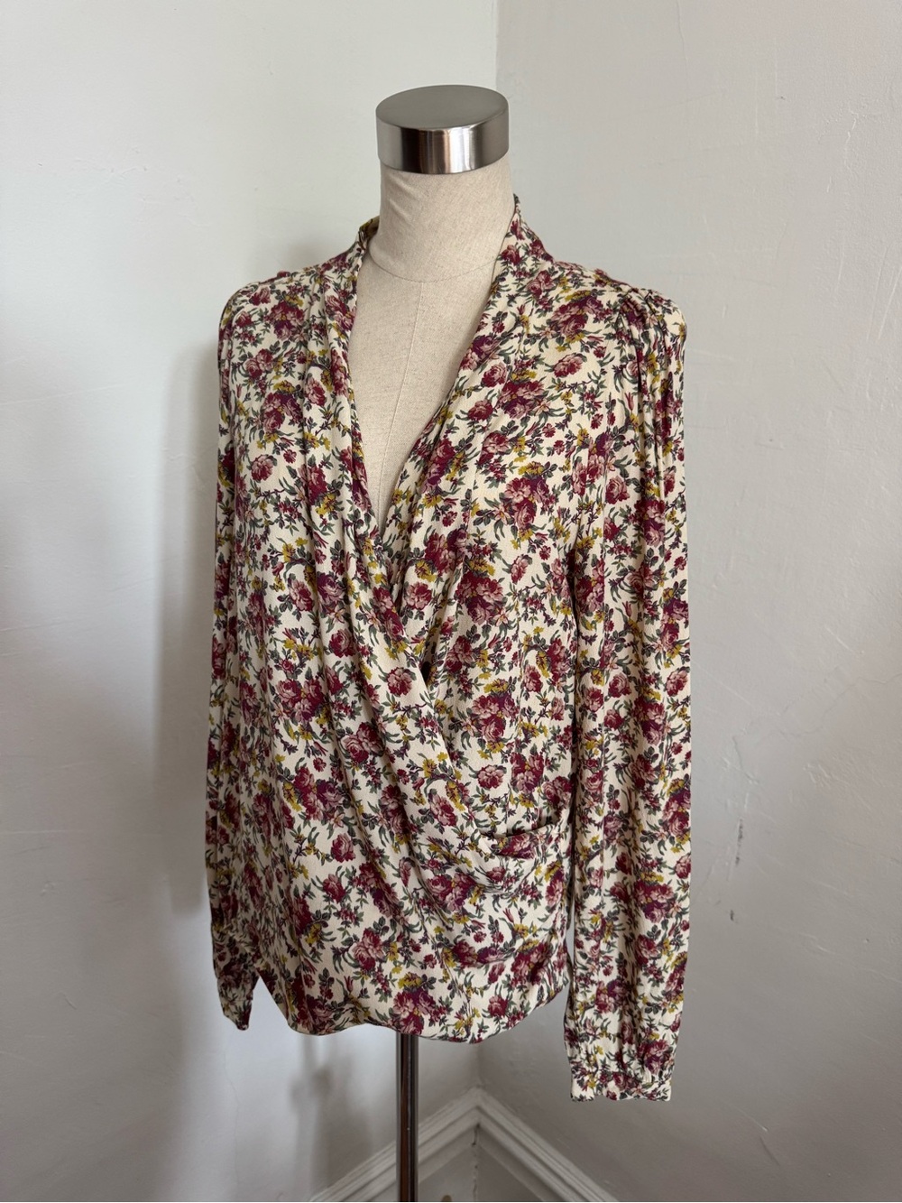 Sezane Cream Floral Draped Blouse with Burgundy, Pink and Mustard